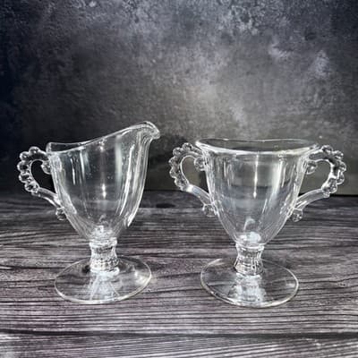 Imperial Candlewick Clear Glass Creamer & Sugar Set on Pedestal Elegant Glass
