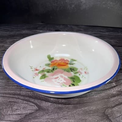 Vintage Butterfly Brand Enamelware Rinse Bowl Floral Designs Blue Pink Orange - Thumbnail 2