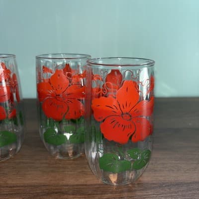 Set Of 4 Vintage Anchor Hocking Red Hibiscus Drinking Glasses Hawaiian Tropical - Thumbnail 2