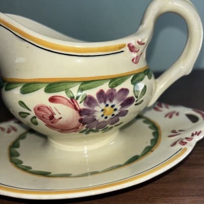Baker & Co. "Old English" Hand Painted 1920’s Gravy Boat With Attached Tray - Thumbnail 2