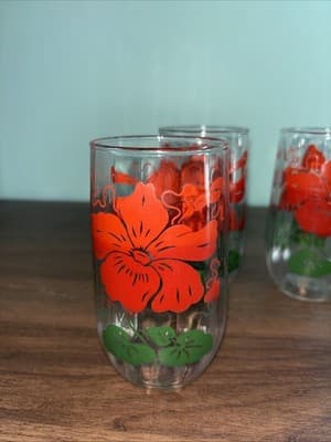 Set Of 4 Vintage Anchor Hocking Red Hibiscus Drinking Glasses Hawaiian Tropical - Thumbnail 6