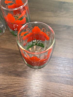 Set Of 4 Vintage Anchor Hocking Red Hibiscus Drinking Glasses Hawaiian Tropical - Thumbnail 5