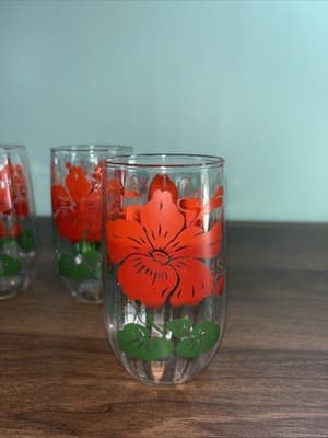 Set Of 4 Vintage Anchor Hocking Red Hibiscus Drinking Glasses Hawaiian Tropical - Thumbnail 4