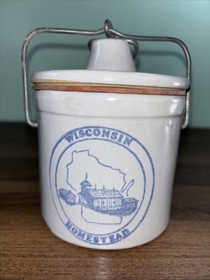 Vintage Wisconsin Homestead Stoneware Dairy Cheese Crock Jar Wire Bail Lid Seals - Thumbnail 2