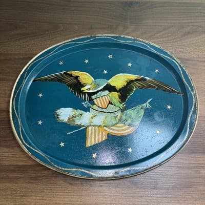 Vintage Patriotic American Bald Eagle Metal Serving Tray 14.5 x 11.5” Rusty
