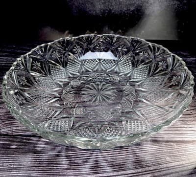 Clear Glass Serving Bowl Diamond Point Fans & Stars 12” Sawtooth Edge