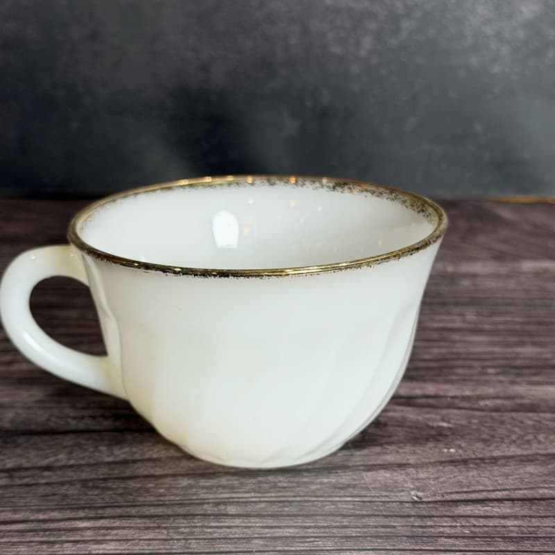 Fire-King Swirl Milk Glass Teacup with Gold Rim - Thumbnail 6