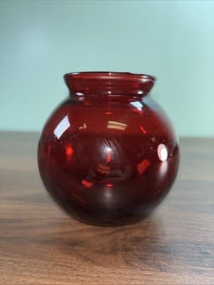 Vintage Anchor Hocking Ruby Red Glass Ivy Ball Vall Rose Bowl - Thumbnail 4