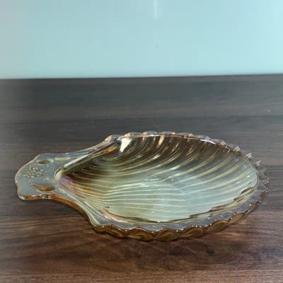 Vintage Iridescent Marigold Carnival Glass Clam Scallop Shell Shaped Dish Fruit - Thumbnail 4