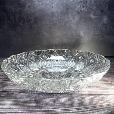 Clear Glass Serving Bowl Diamond Point Fans & Stars 12” Sawtooth Edge - Thumbnail 2