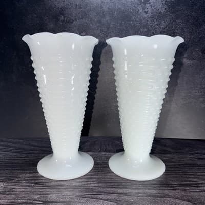 2 Vintage Anchor Hocking White Milk Glass Vases Hobnail Bars Trumpet 9 1/2"