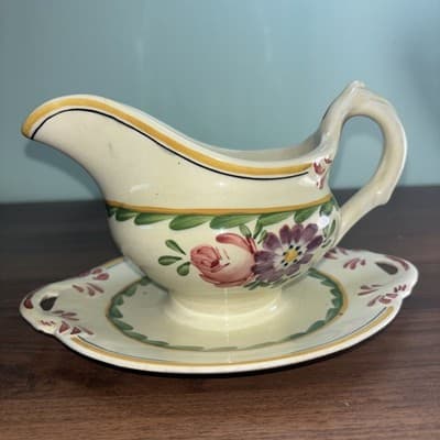 Baker & Co. "Old English" Hand Painted 1920’s Gravy Boat With Attached Tray