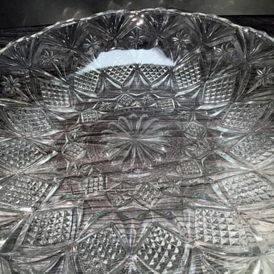 Clear Glass Serving Bowl Diamond Point Fans & Stars 12” Sawtooth Edge - Thumbnail 5