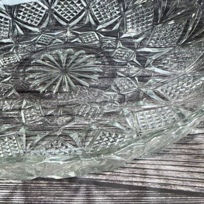 Clear Glass Serving Bowl Diamond Point Fans & Stars 12” Sawtooth Edge - Thumbnail 8