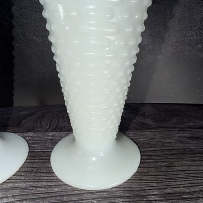 2 Vintage Anchor Hocking White Milk Glass Vases Hobnail Bars Trumpet 9 1/2" - Thumbnail 3