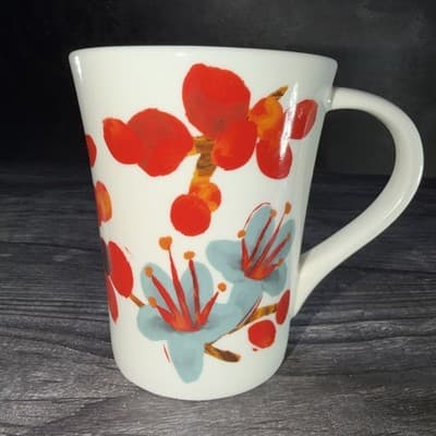 Starbucks 2008 CHERRY BLOSSOM Mug Cup Blue & Red Flower ceramic Micro Dish 12 oz - Thumbnail 3