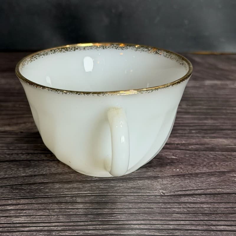 Fire-King Swirl Milk Glass Teacup with Gold Rim - Thumbnail 2
