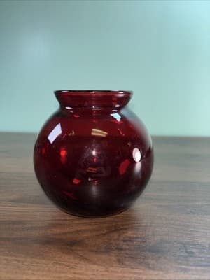 Vintage Anchor Hocking Ruby Red Glass Ivy Ball Vall Rose Bowl - Thumbnail 5