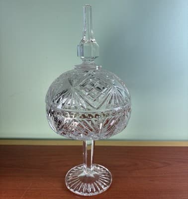 Vintage Tall Cut Crystal Pedestal Covered Candy Dish American Brilliant - Thumbnail 6