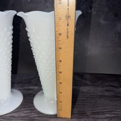 2 Vintage Anchor Hocking White Milk Glass Vases Hobnail Bars Trumpet 9 1/2" - Thumbnail 11
