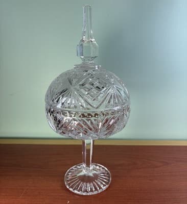 Vintage Tall Cut Crystal Pedestal Covered Candy Dish American Brilliant - Thumbnail 7