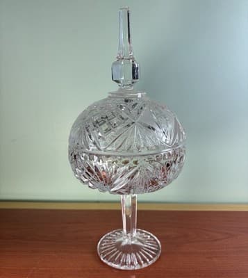 Vintage Tall Cut Crystal Pedestal Covered Candy Dish American Brilliant