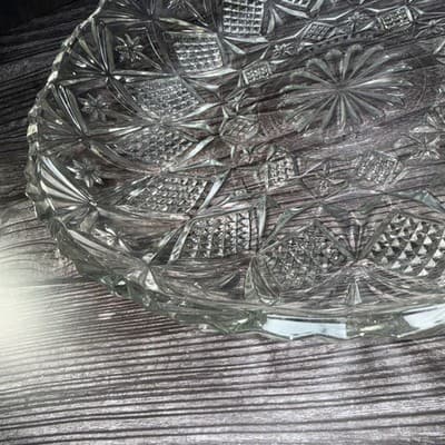 Clear Glass Serving Bowl Diamond Point Fans & Stars 12” Sawtooth Edge - Thumbnail 4