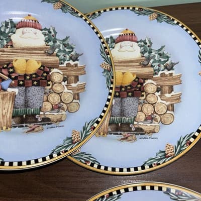 Set Of 8 Sakura 1998 Debbie Mumm Woodland Santa 8" Salad Dessert Salad Plates - Thumbnail 10