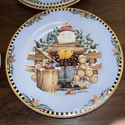 Set Of 8 Sakura 1998 Debbie Mumm Woodland Santa 8" Salad Dessert Salad Plates - Thumbnail 4