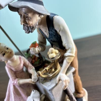 Norleans Porcelain Large Figurine Hand Painted Apple Sales Cart Umbrella Vintage - Thumbnail 4