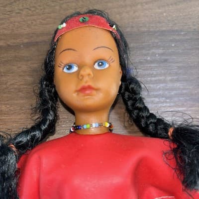 American Indian Girl Doll 12” Made in Hong Kong Red Dress Faux Leather VTG Bea - Thumbnail 10