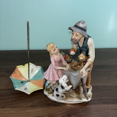 Norleans Porcelain Large Figurine Hand Painted Apple Sales Cart Umbrella Vintage - Thumbnail 13