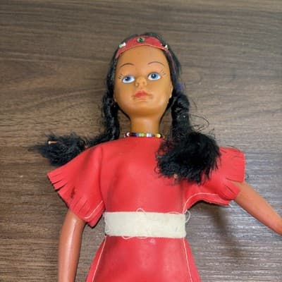 American Indian Girl Doll 12” Made in Hong Kong Red Dress Faux Leather VTG Bea - Thumbnail 2