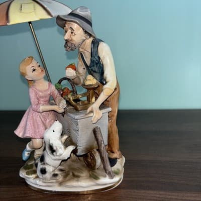 Norleans Porcelain Large Figurine Hand Painted Apple Sales Cart Umbrella Vintage - Thumbnail 6