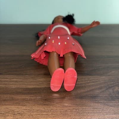 American Indian Girl Doll 12” Made in Hong Kong Red Dress Faux Leather VTG Bea - Thumbnail 4