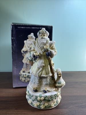 Victorian VTG Santa Claus Music Box Figurine Swan Roses Plays White Christmas