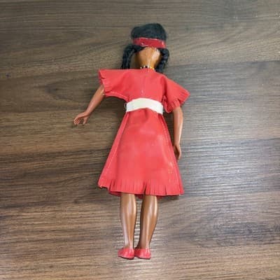 American Indian Girl Doll 12” Made in Hong Kong Red Dress Faux Leather VTG Bea - Thumbnail 5