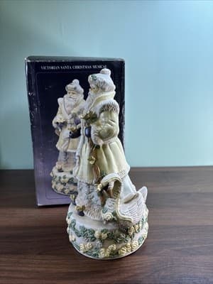 Victorian VTG Santa Claus Music Box Figurine Swan Roses Plays White Christmas - Thumbnail 2