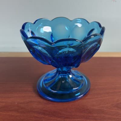 LE Smith Blue Glass Manganese Compote Scalloped Edge