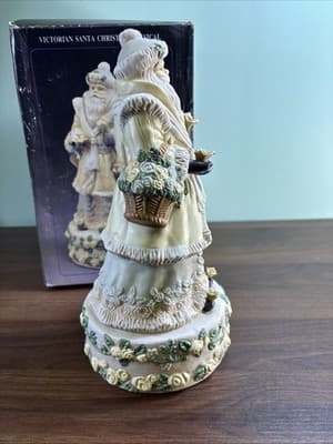Victorian VTG Santa Claus Music Box Figurine Swan Roses Plays White Christmas - Thumbnail 5