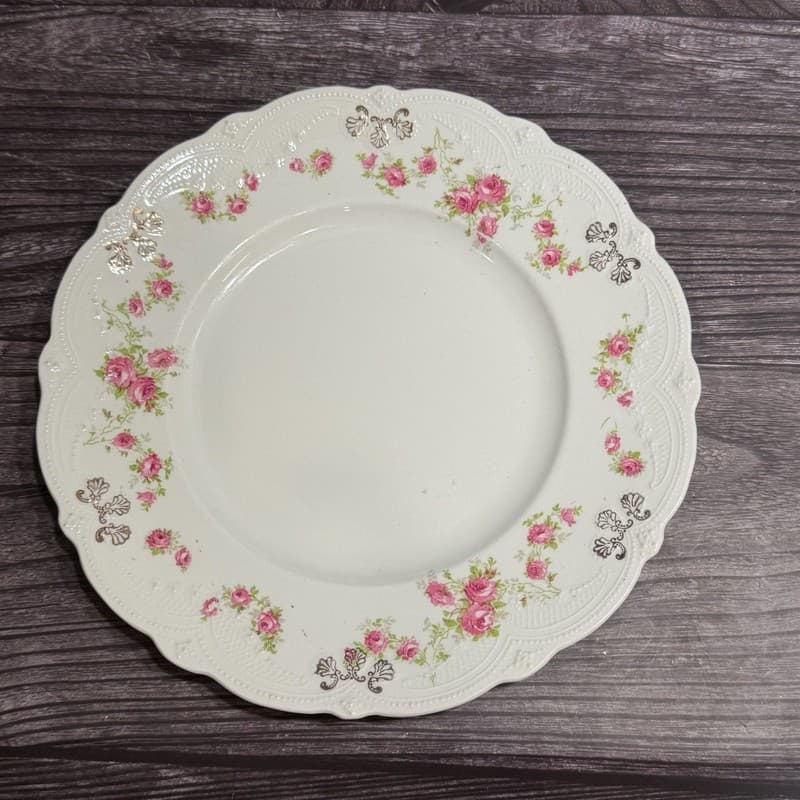Wood & Son England Royal Semi-Porcelain Pink Rose 9" Scalloped Dinner Plate
