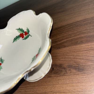 Pickard China Ravenswood Christmas Holly Dinner Serving 6” Candy Dish Gold Tri - Thumbnail 5