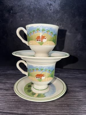 Sangostone Footed Coffee Cup & Saucer Country Cottage (3645) Set Of 2