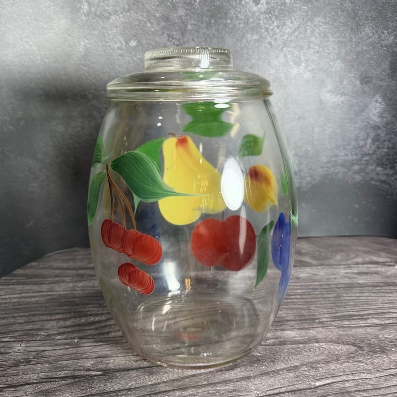 Vintage Hand-Painted Fruit Glass Canister Cookie Jar with Lid Kitchenware
