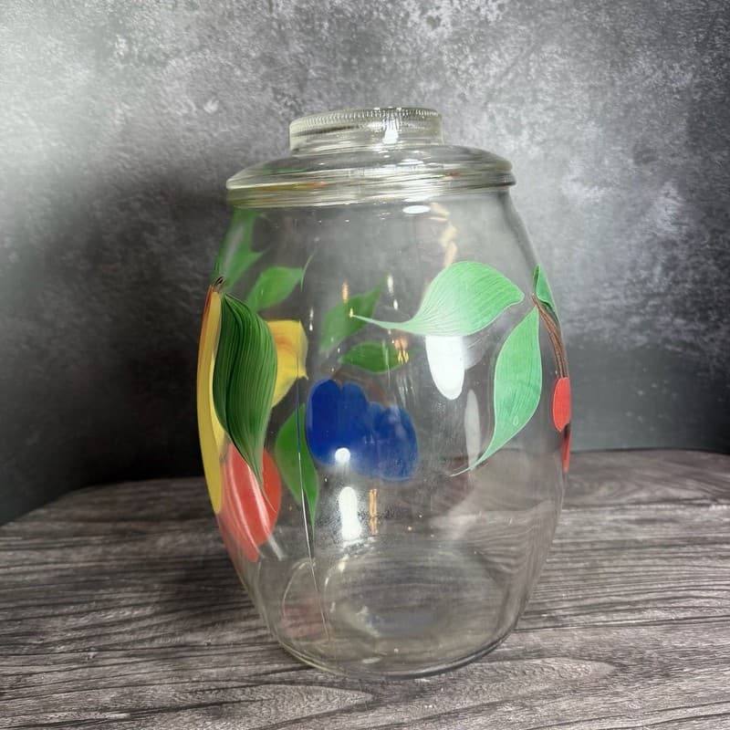 Vintage Hand-Painted Fruit Glass Canister Cookie Jar with Lid Kitchenware - Thumbnail 6