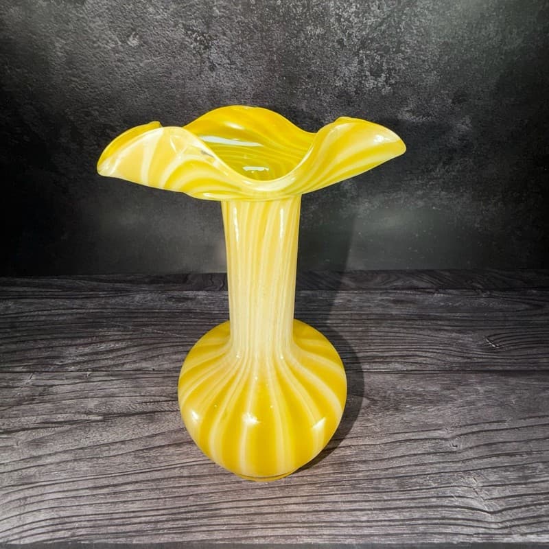 Vintage Hand Blown Canary Yellow and White Striped Ruffled Art Glass Vase - Thumbnail 5