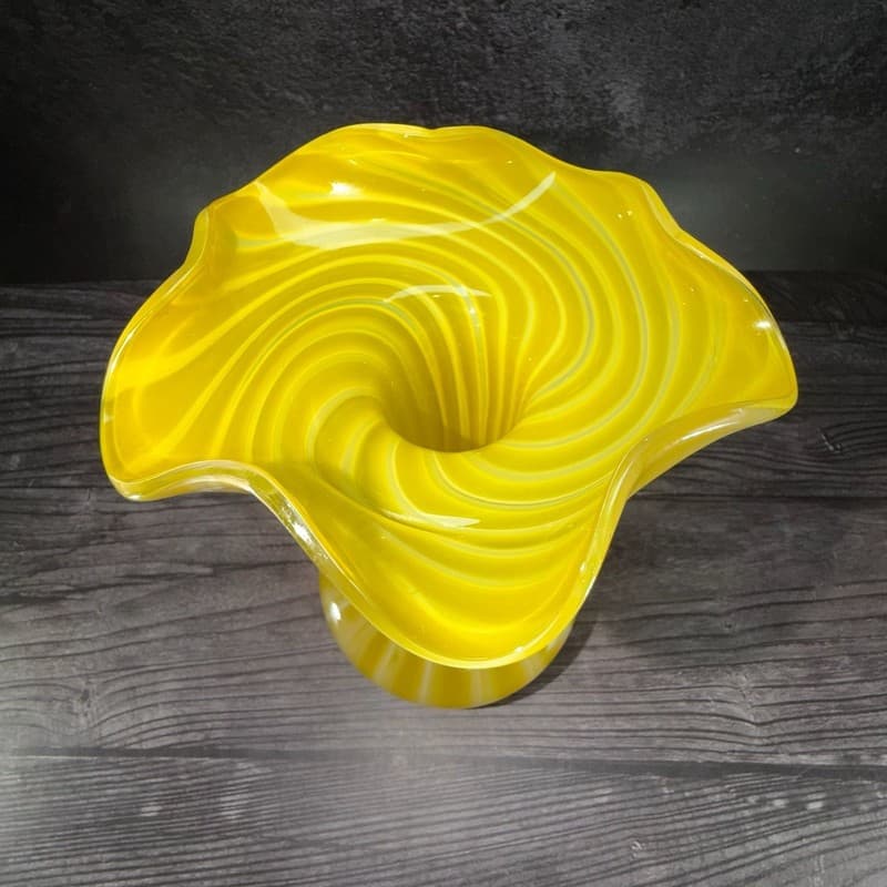 Vintage Hand Blown Canary Yellow and White Striped Ruffled Art Glass Vase - Thumbnail 2