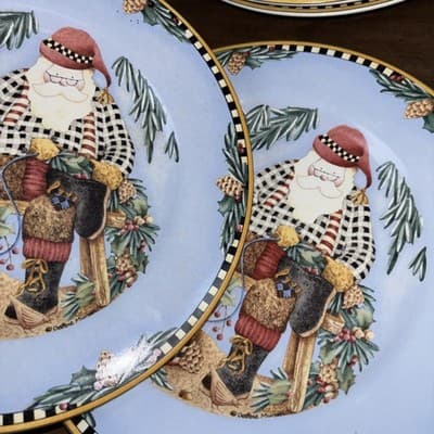 Set Of 8 Sakura 1998 Debbie Mumm Woodland Santa 8" Salad Dessert Salad Plates - Thumbnail 8