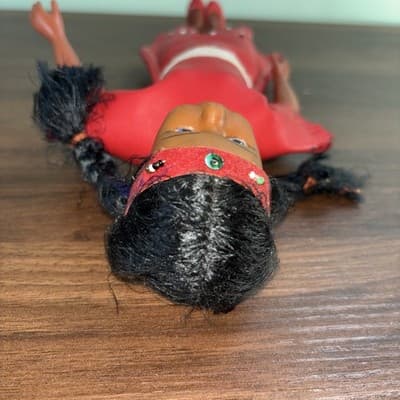 American Indian Girl Doll 12” Made in Hong Kong Red Dress Faux Leather VTG Bea - Thumbnail 11