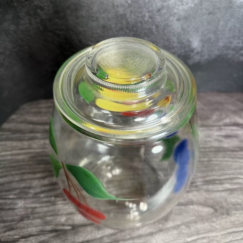 Vintage Hand-Painted Fruit Glass Canister Cookie Jar with Lid Kitchenware - Thumbnail 2